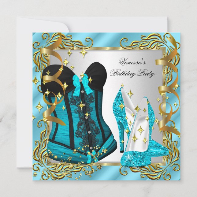 Invitation Turquoise Blue Gold Silver Corset High Heure Party (Devant)