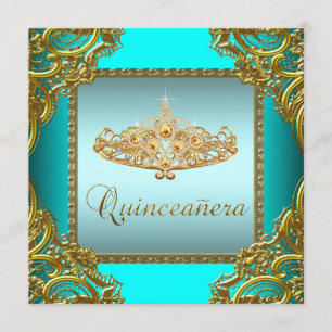 Invitation Turquoise Blue Gold Tiara Quinceanera