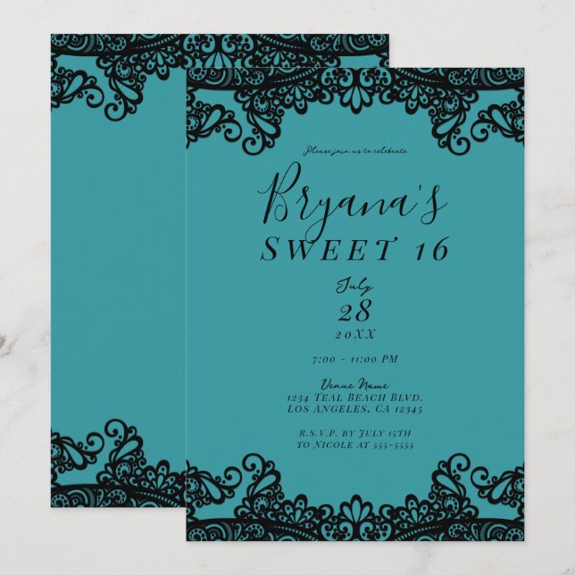 Invitation Turquoise Blue Green Black Lace Sweet 16 Party (Devant / Derrière)