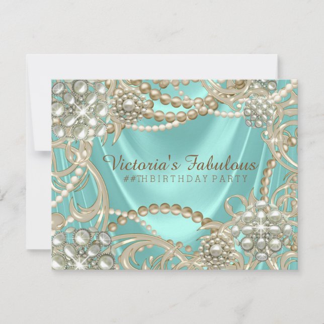 Invitation Turquoise Blue Ivory Pearl fête d'anniversaire (Devant)