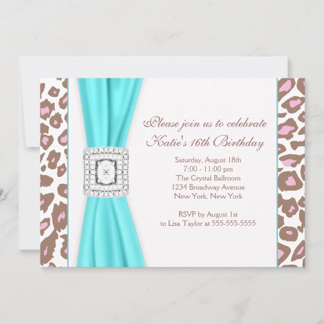 Invitation Turquoise Blue Leopard Sweet sixteen Anniversaire (Devant)