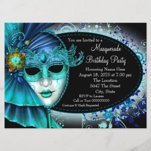 Invitation Turquoise Blue Midnight Masquerade Party