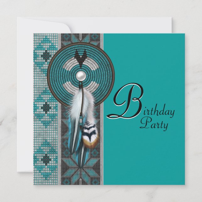 Invitation Turquoise Blue Native American Birthday Party (Devant)