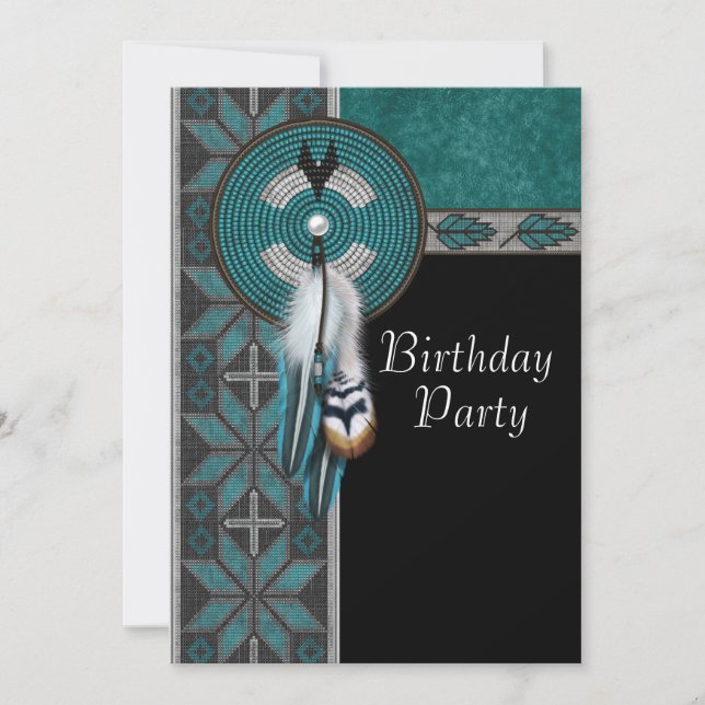Invitation Turquoise Blue Native American Birthday Party (Devant)