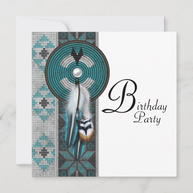 Invitation Turquoise Blue Native American Birthday Party (Devant)