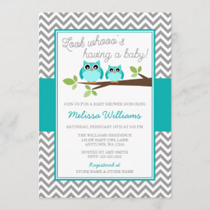Invitation Turquoise Blue Owl Grey Chevron Boy Baby shower