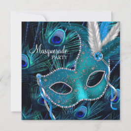 Invitation Turquoise Blue Peacock Masquerade Party