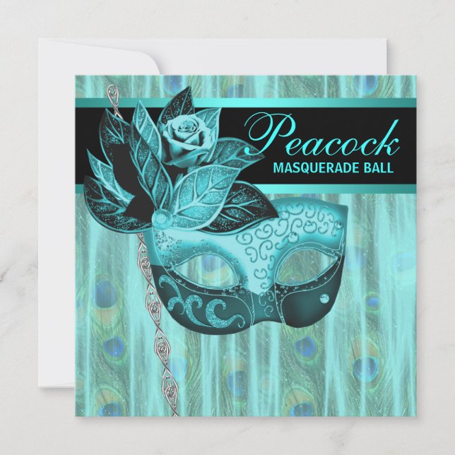 Invitation Turquoise Blue Peacock Masquerade Party (Devant)
