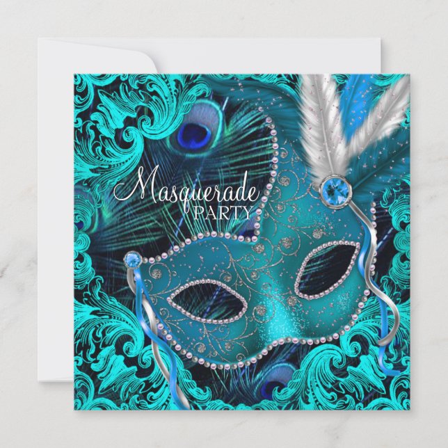 Invitation Turquoise Blue Peacock Masquerade Party (Devant)