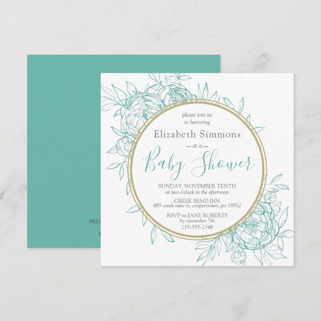 Invitation Turquoise Blue Peony Moderne Floral Toile Baby sho (Devant / Derrière)