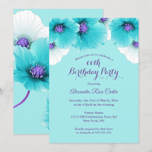 Invitation Turquoise Blue Purple Poppies floral Anniversaire 