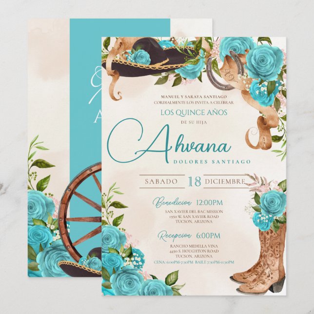 Invitation Turquoise Blue Quinceañera Charra Rose occidental (Devant / Derrière)