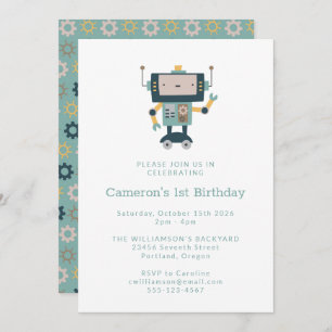 Invitation Turquoise Blue Robot Gears Simple 1er anniversaire