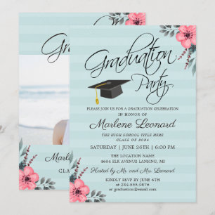 Invitation Turquoise Blue Rose Floral Gold Script Photo Gradu