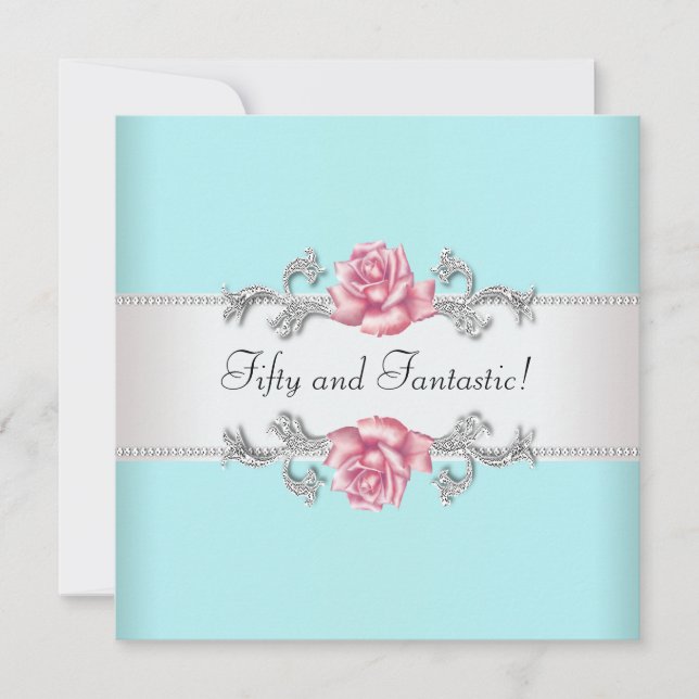 Invitation Turquoise Blue Rose Roses femmes 50e fête d'annive (Devant)