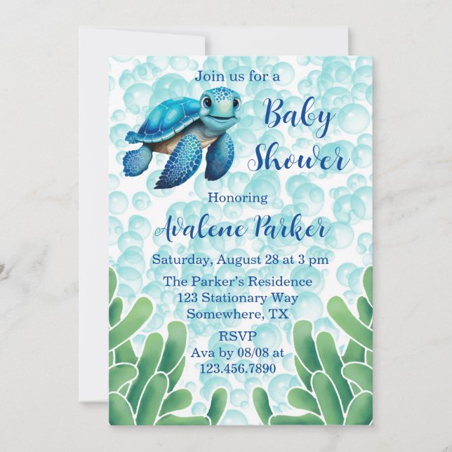 Invitation Turquoise Blue Sea Turtle Seawey Boy Baby shower (Devant)