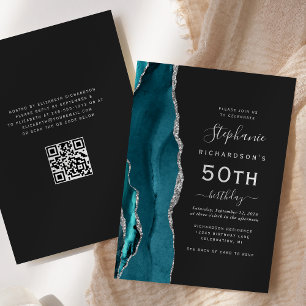 Invitation Turquoise Blue Silver Agate QR Code 50e anniversai