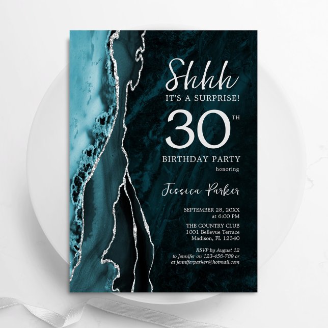 Invitation Turquoise Blue Silver Agate Surprise 30e anniversa (Créateur téléchargé)