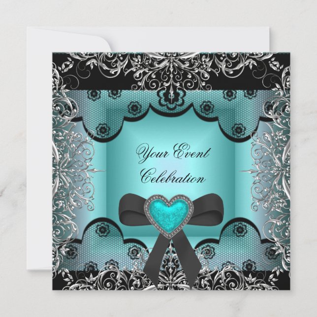 Invitation Turquoise Blue Silver Black Lace Élégante fête (Devant)