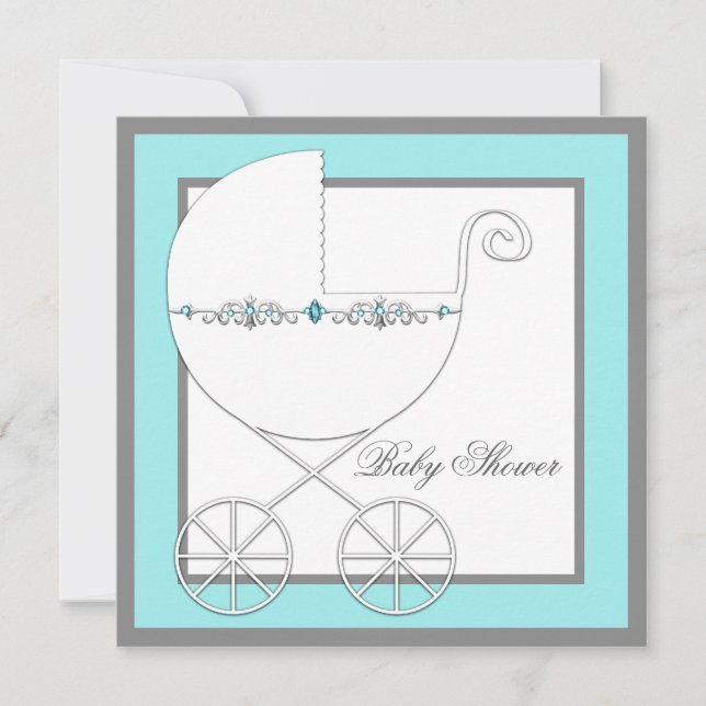 Invitation Turquoise Blue Silver Carriage Baby Shower Invitat (Devant)