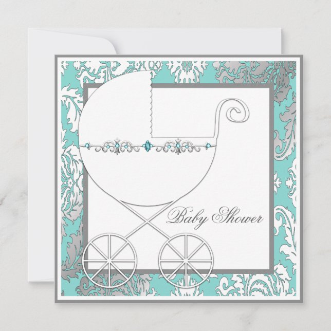 Invitation Turquoise Blue Silver Carriage Baby Shower Invitat (Devant)