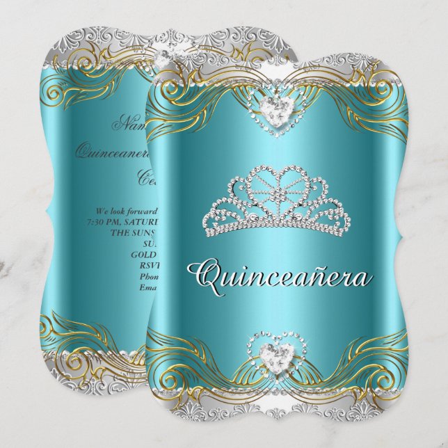 Invitation Turquoise Blue Silver Gold Quinceanera fête d'anni (Devant / Derrière)