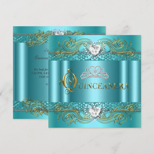 Invitation Turquoise Blue Silver Gold Quinceanera fête d'anni (Devant / Derrière)