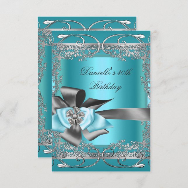 Invitation Turquoise Blue Silver Grey fête d'anniversaire 30e (Devant / Derrière)