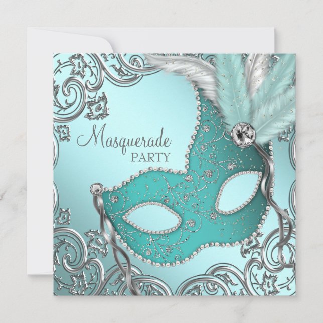 Invitation Turquoise Blue Silver Masquerade Party (Devant)