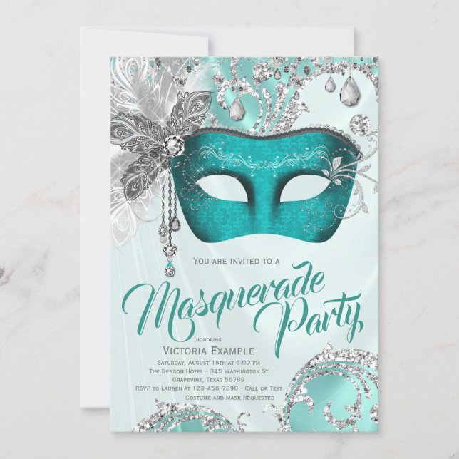Invitation Turquoise Blue Silver Masquerade Party (Devant)