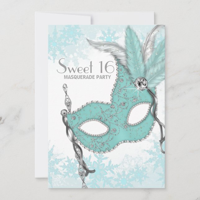 Invitation Turquoise Blue Snowflake Sweet 16 Masquerade Party (Devant)