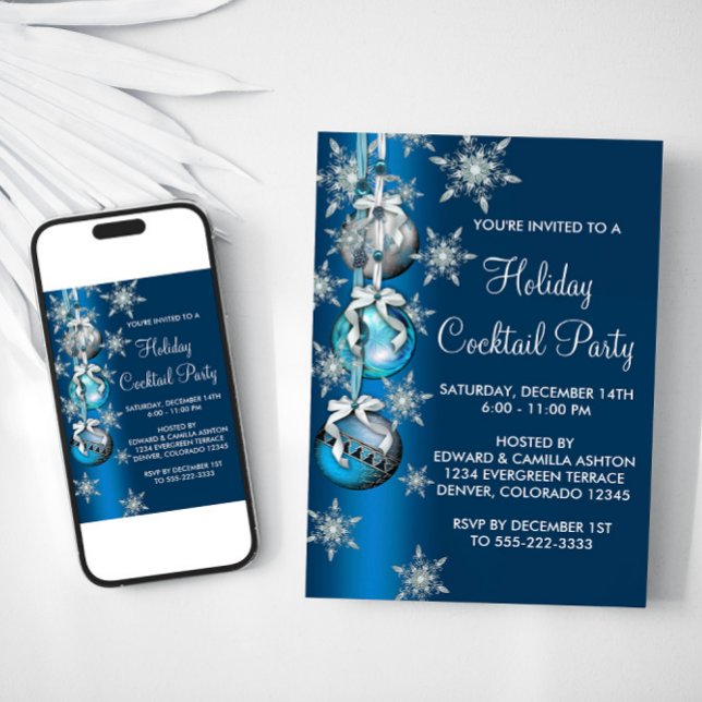 Invitation Turquoise Blue Snowflakes Ornements Noël (Blue Christmas ornaments party invitation. All occasion. Available for instant download and print.)