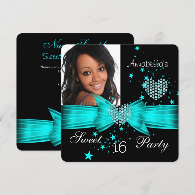 Invitation Turquoise Blue Sweet 16 Anniversaire Party Diamond (Devant / Derrière)