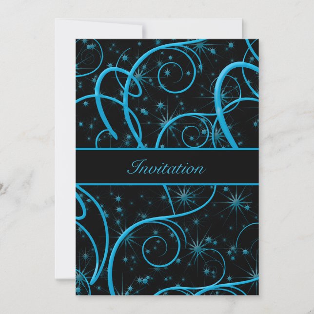 Invitation Turquoise Blue Swirls Black Anniversaire Fête Invi (Devant)