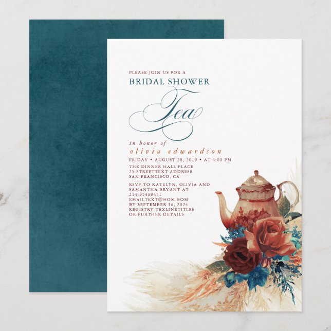 Invitation Turquoise Blue Terracotta Floral Fête des mariées  (Devant / Derrière)