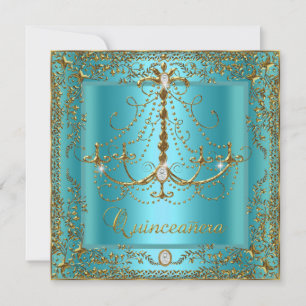 Invitation Turquoise Blue Tiara Gold Quinceanera 15e annivers