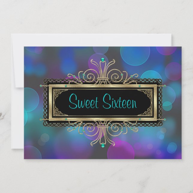 Invitation Turquoise Blue violet Sweet sixteen fête d'anniver (Devant)