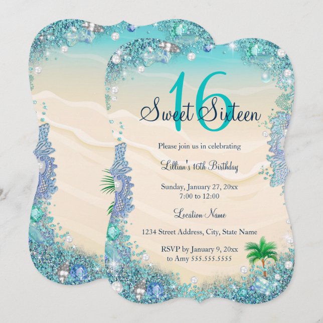 Invitation Turquoise Blue Water Ocean Sand Pearls Sweet 16 Pa (Devant / Derrière)