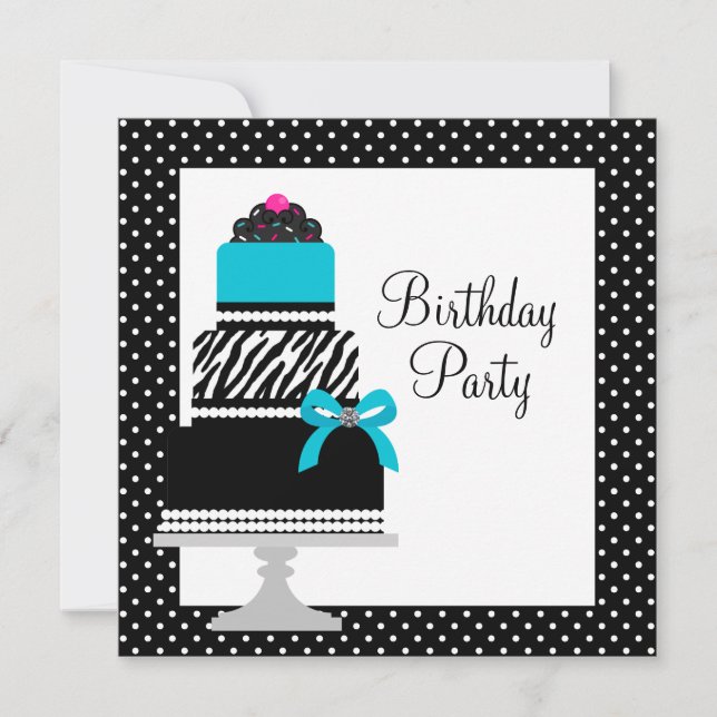 Invitation Turquoise Blue Zebra Cake Cupcake fête d'anniversa (Devant)