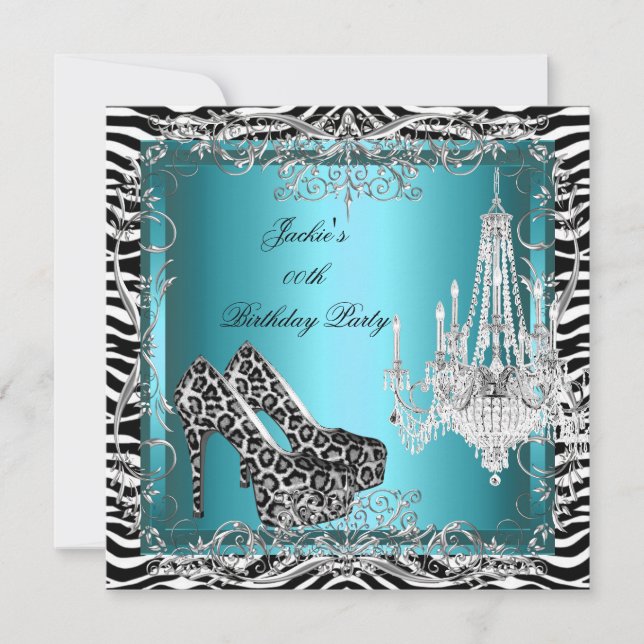 Invitation Turquoise Blue Zebra Empreinte de léopard Party Ch (Devant)