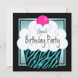 Invitation Turquoise Blue Zebra Girls Cupcake fête d'annivers