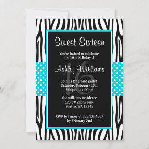 Invitation Turquoise Blue Zebra Polka Dot Sweet 16
