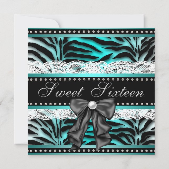Invitation Turquoise Blue Zebra Sweet 16 Anniversaire (Devant)