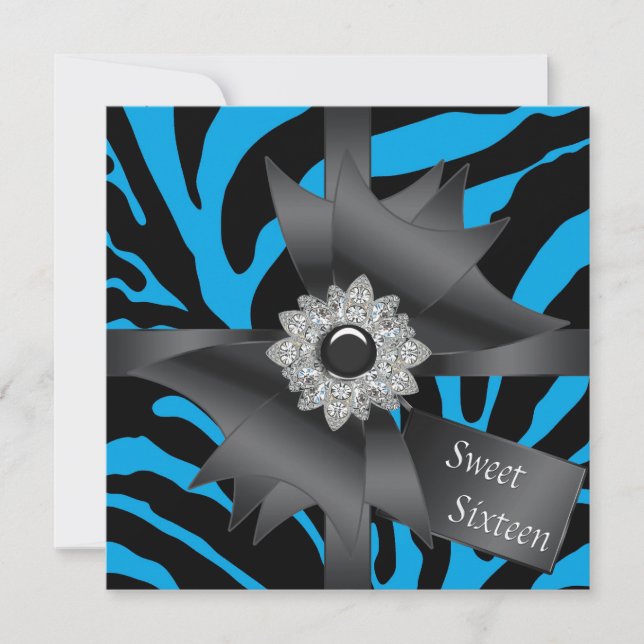 Invitation Turquoise Blue Zebra Sweet 16 Anniversaire (Devant)