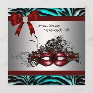 Invitation Turquoise Blue Zebra Sweet 16 Masquerade Party