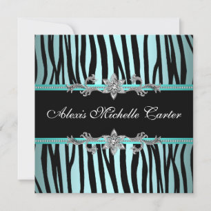 Invitation Turquoise Blue Zebra Sweet sixteen fête d'annivers