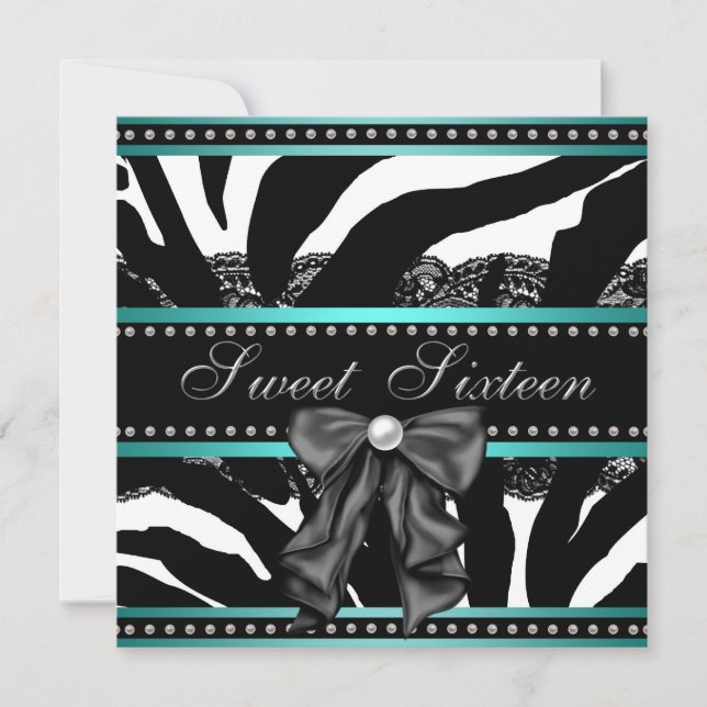 Invitation Turquoise Blue Zebra Sweet sixteen fête d'annivers (Devant)
