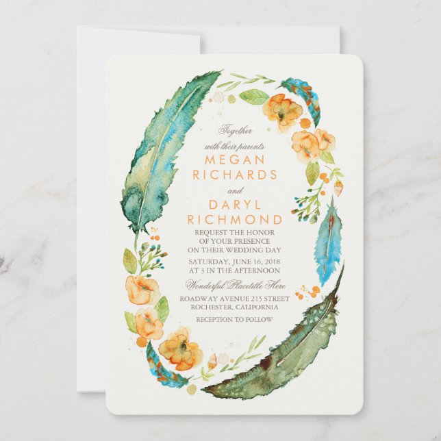 Invitation Turquoise Bohème Floral Plumes Mariage botanique (Devant)