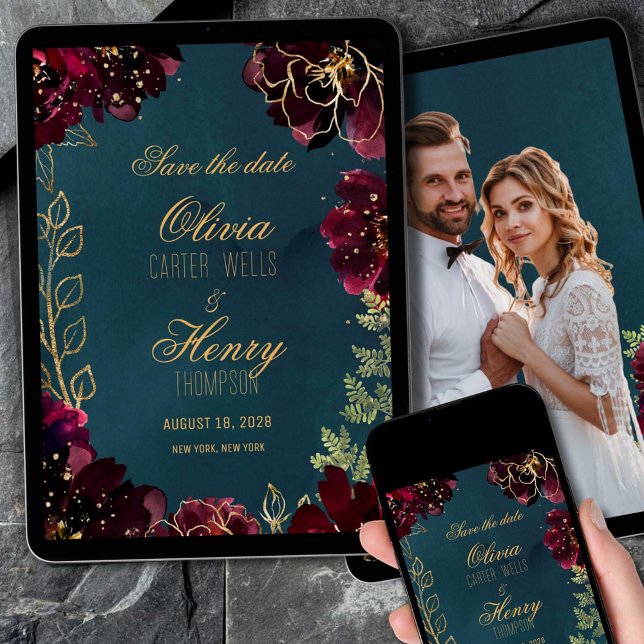 Invitation Turquoise Bordeaux Bijou Tone Photo Enregistrer La (Créateur téléchargé)