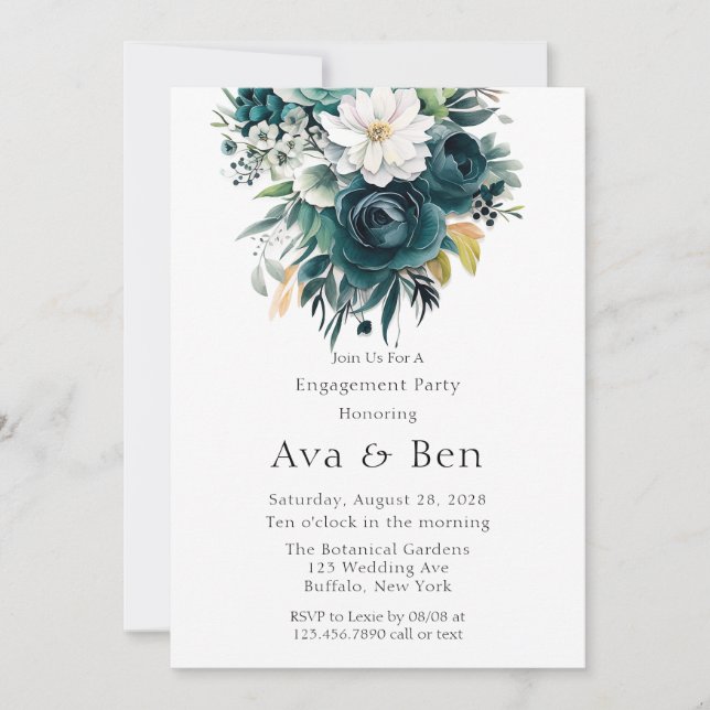 Invitation Turquoise Botanique Floral Peony (Devant)